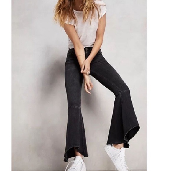 Free People Denim - Free People Black Washed Super Flare Ruffle Hem Jeans